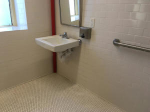 wheelchair accessible sink in front hall bathroom of old town hall.